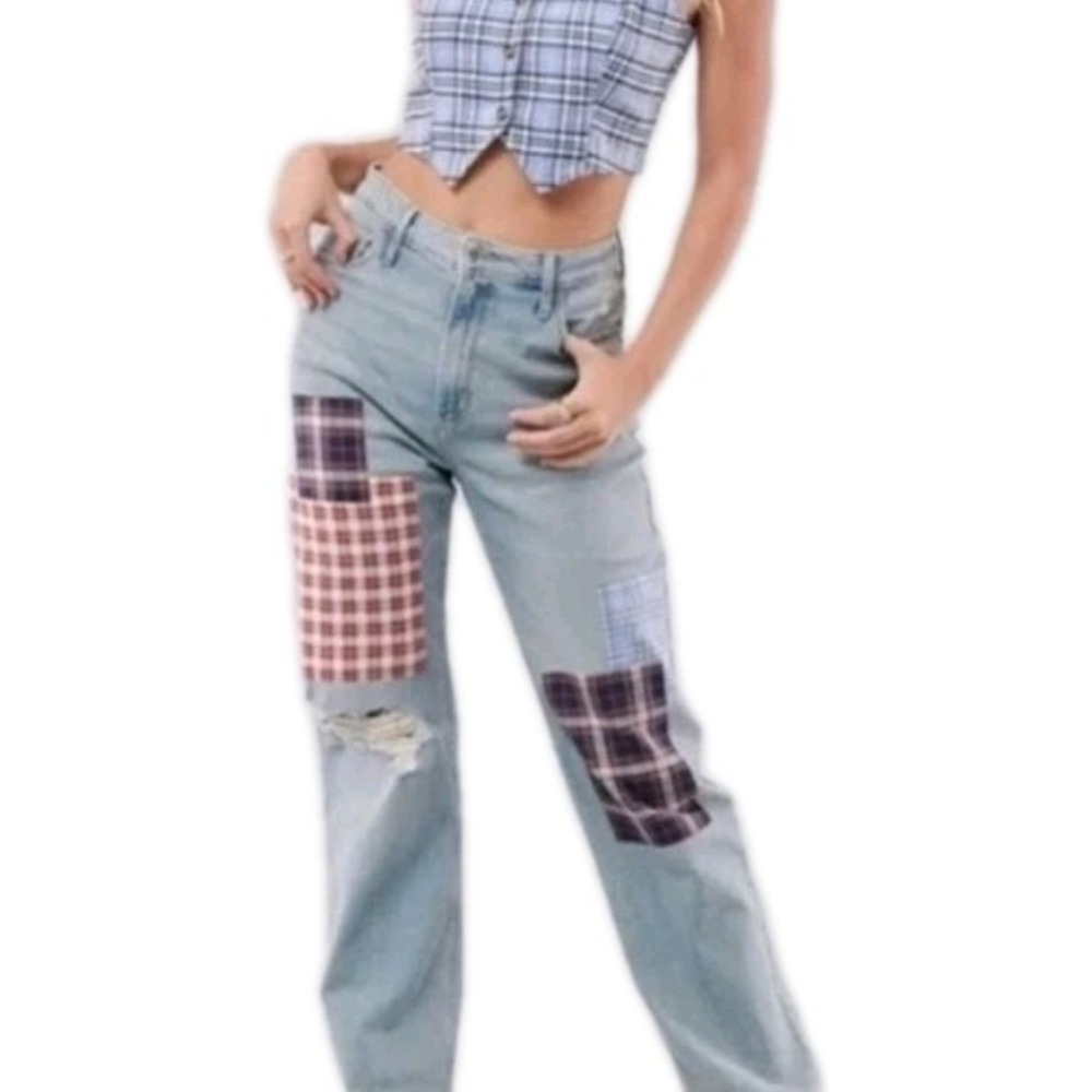 Hollister Ultra High-Rise Dad Jeans 11R Blue Distressed Plaid Patchwork